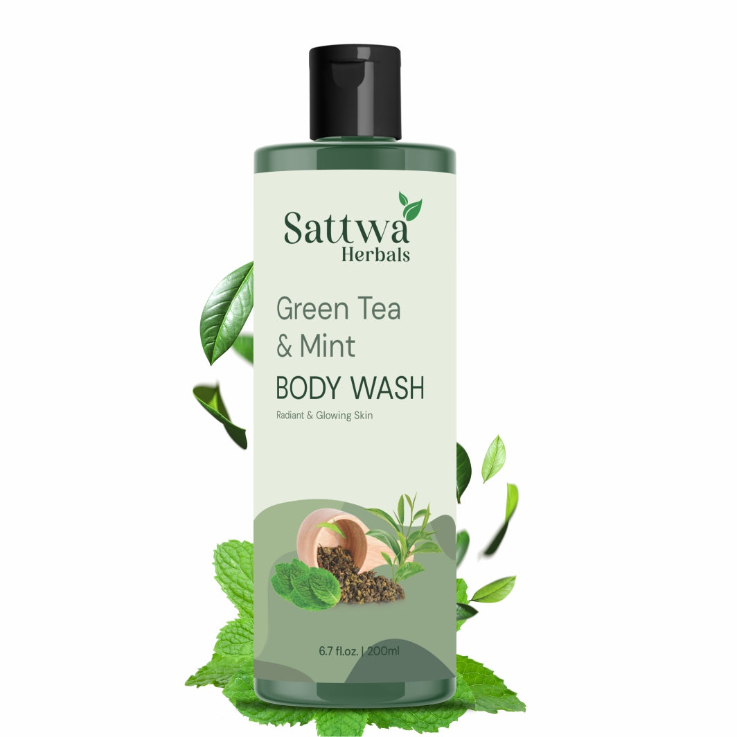 Sattwa Herbals Green Tea Mint Body Wash - Natural Refreshing Shower Gel for All Skin Types