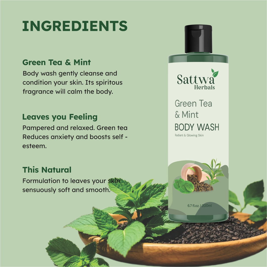 Sattwa Herbals Green Tea Mint Body Wash - Natural Refreshing Shower Gel for All Skin Types