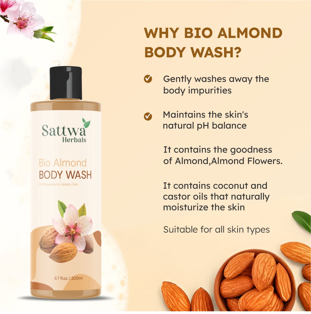 Sattwa Herbals Bio Almond Body Wash - Natural Moisturizing Cleanser for Soft Smooth Skin