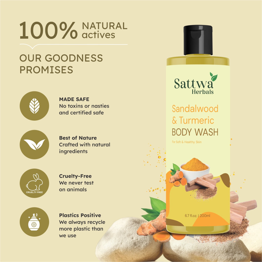Sattwa Herbals Sandalwood Turmeric Body Wash - Natural Ayurvedic Cleanser for Soft Skin