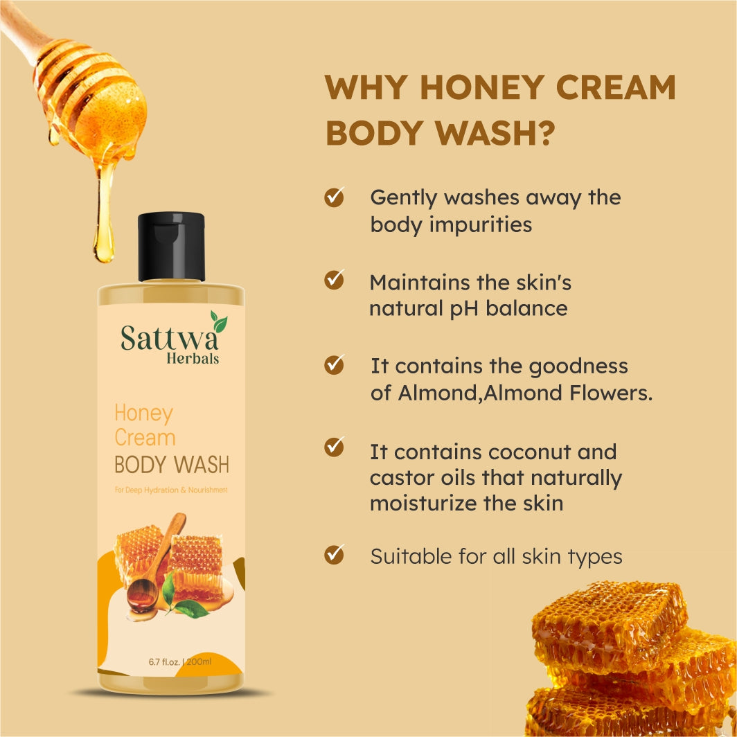 Sattwa Herbals Honey Cream Body Wash - Natural Moisturizing Shower Gel for Soft Skin