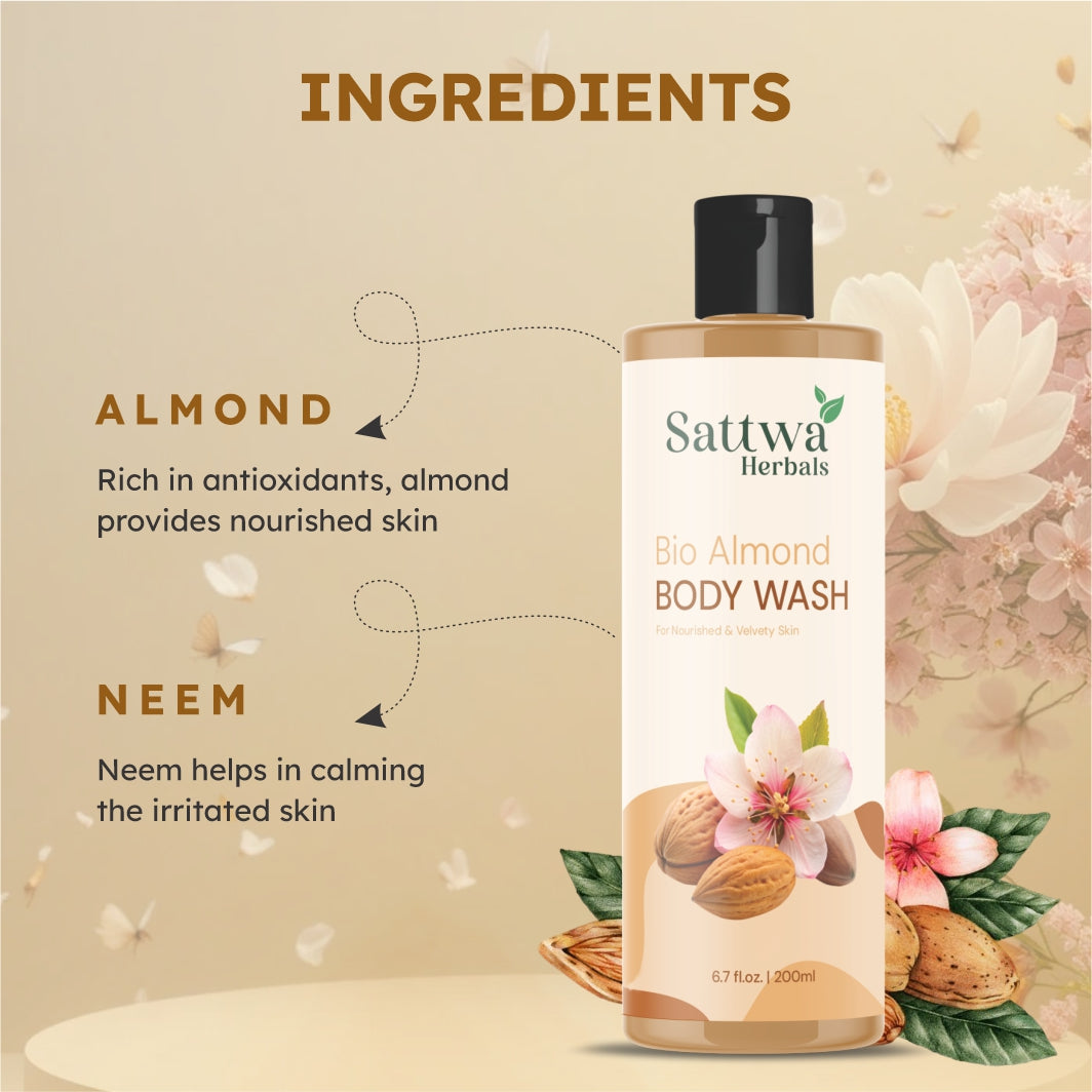 Sattwa Herbals Bio Almond Body Wash - Natural Moisturizing Cleanser for Soft Smooth Skin