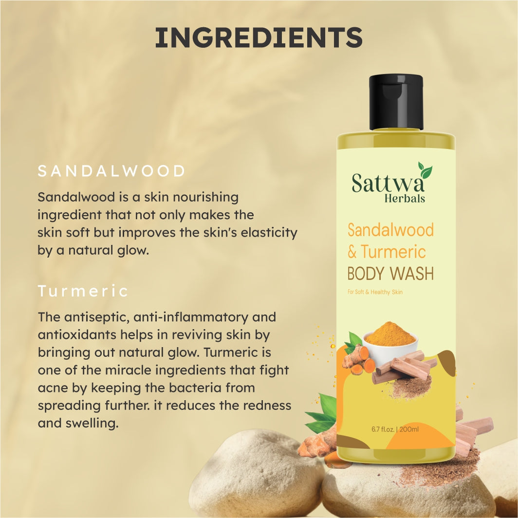 Sattwa Herbals Sandalwood Turmeric Body Wash - Natural Ayurvedic Cleanser for Soft Skin