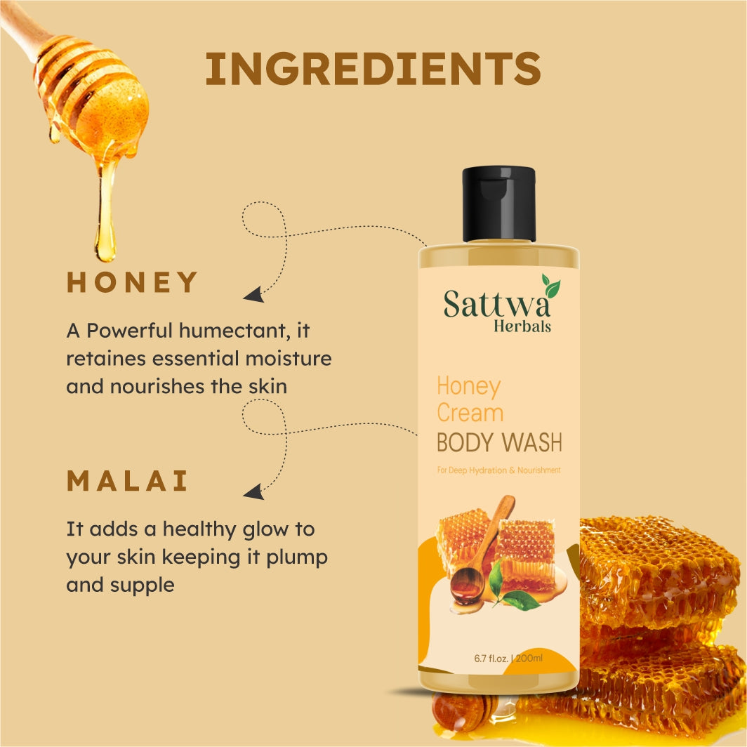 Sattwa Herbals Honey Cream Body Wash - Natural Moisturizing Shower Gel for Soft Skin