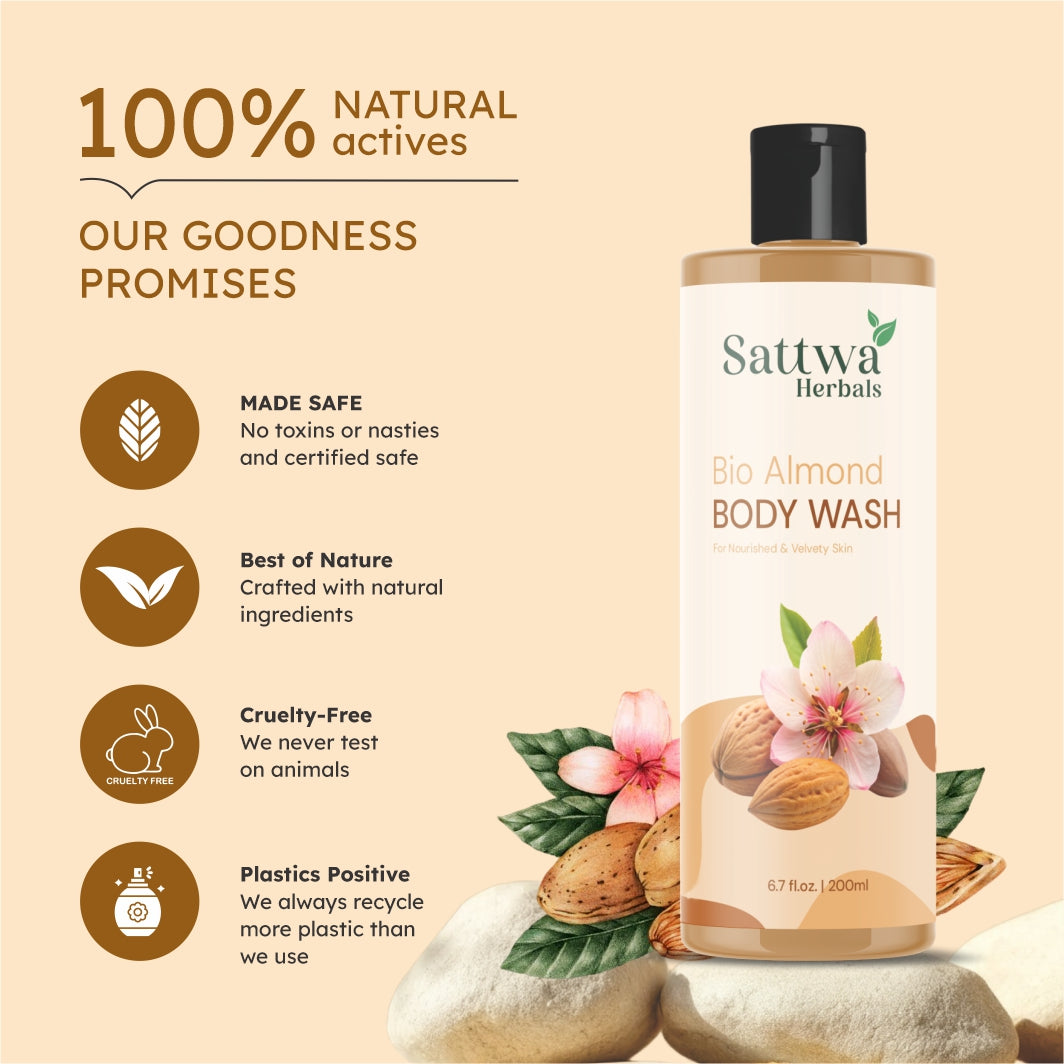 Sattwa Herbals Bio Almond Body Wash - Natural Moisturizing Cleanser for Soft Smooth Skin