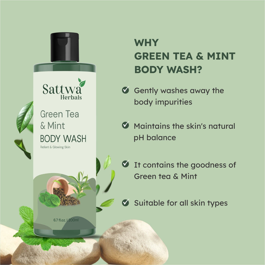 Sattwa Herbals Green Tea Mint Body Wash - Natural Refreshing Shower Gel for All Skin Types