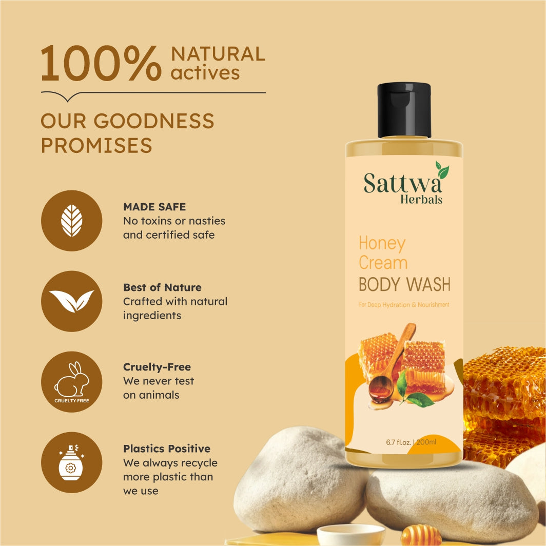 Sattwa Herbals Honey Cream Body Wash - Natural Moisturizing Shower Gel for Soft Skin