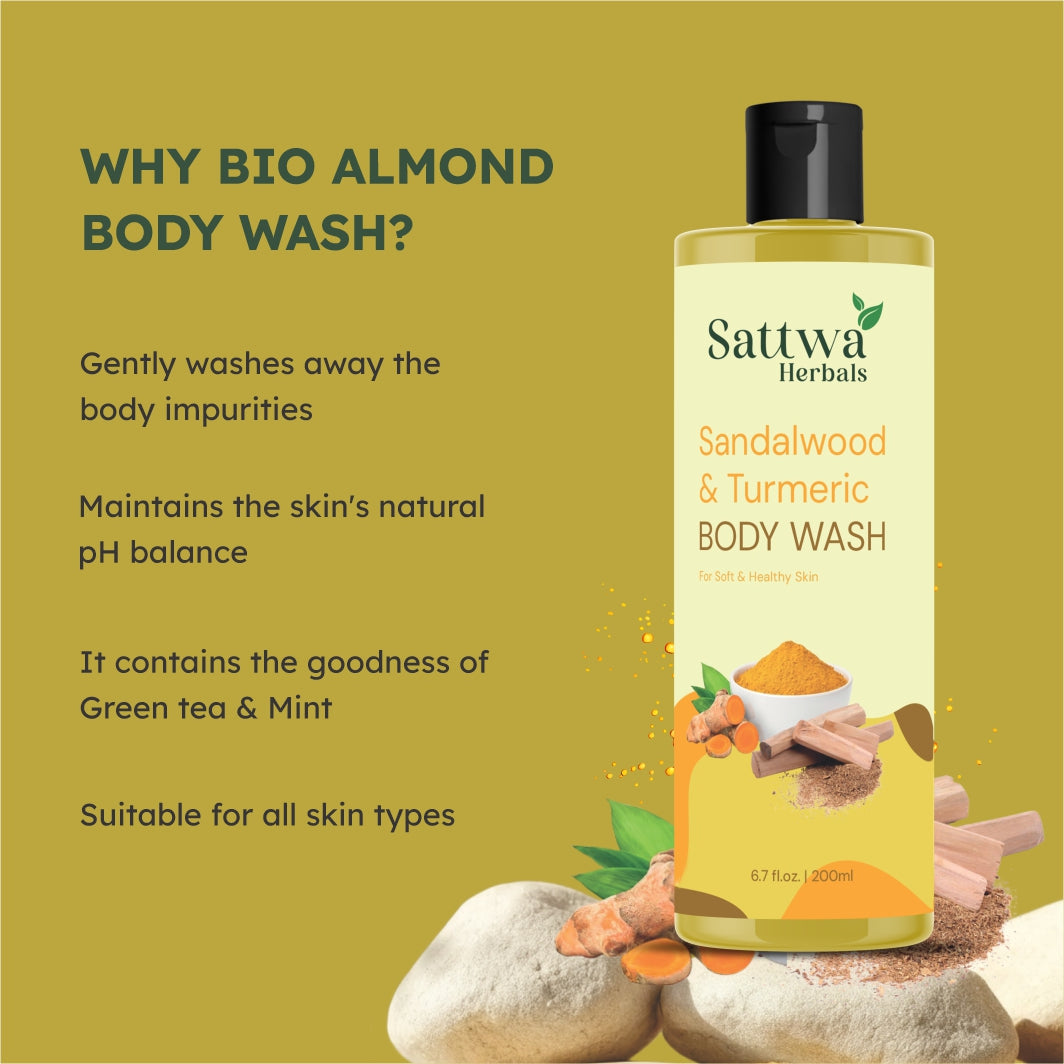 Sattwa Herbals Sandalwood Turmeric Body Wash - Natural Ayurvedic Cleanser for Soft Skin
