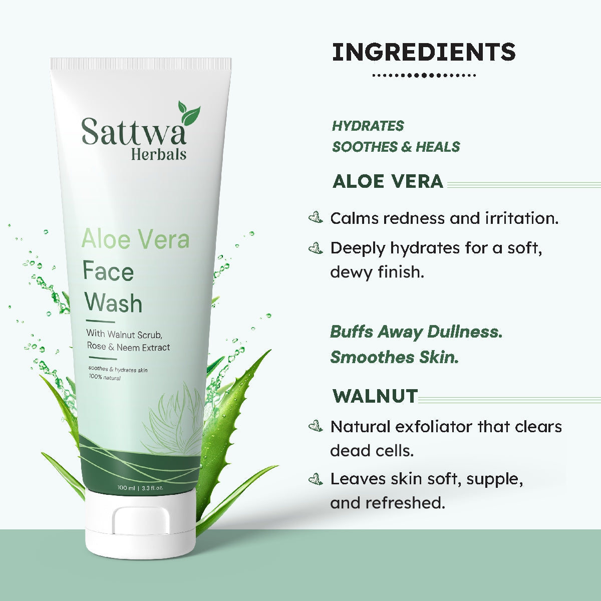 Sattwa Herbals Aloe Vera Face Wash Scrub - Hydrating & Gentle Exfoliation for Soft Skin