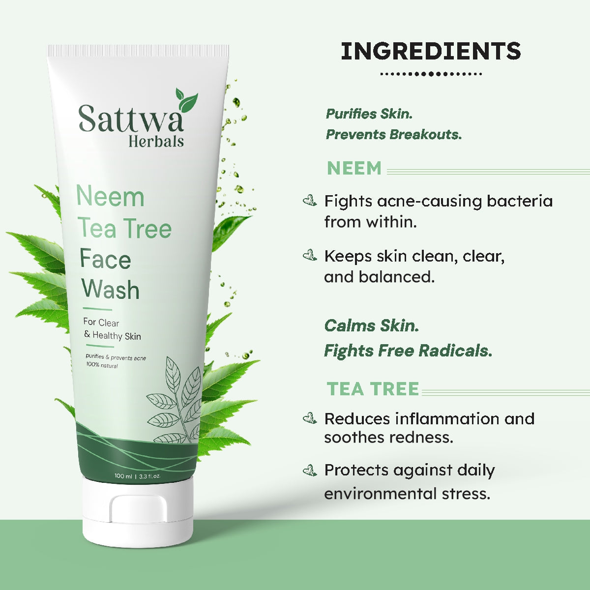 Sattwa Herbals Neem Tea Tree Face Wash - Acne & Pimple Control for Oily Skin