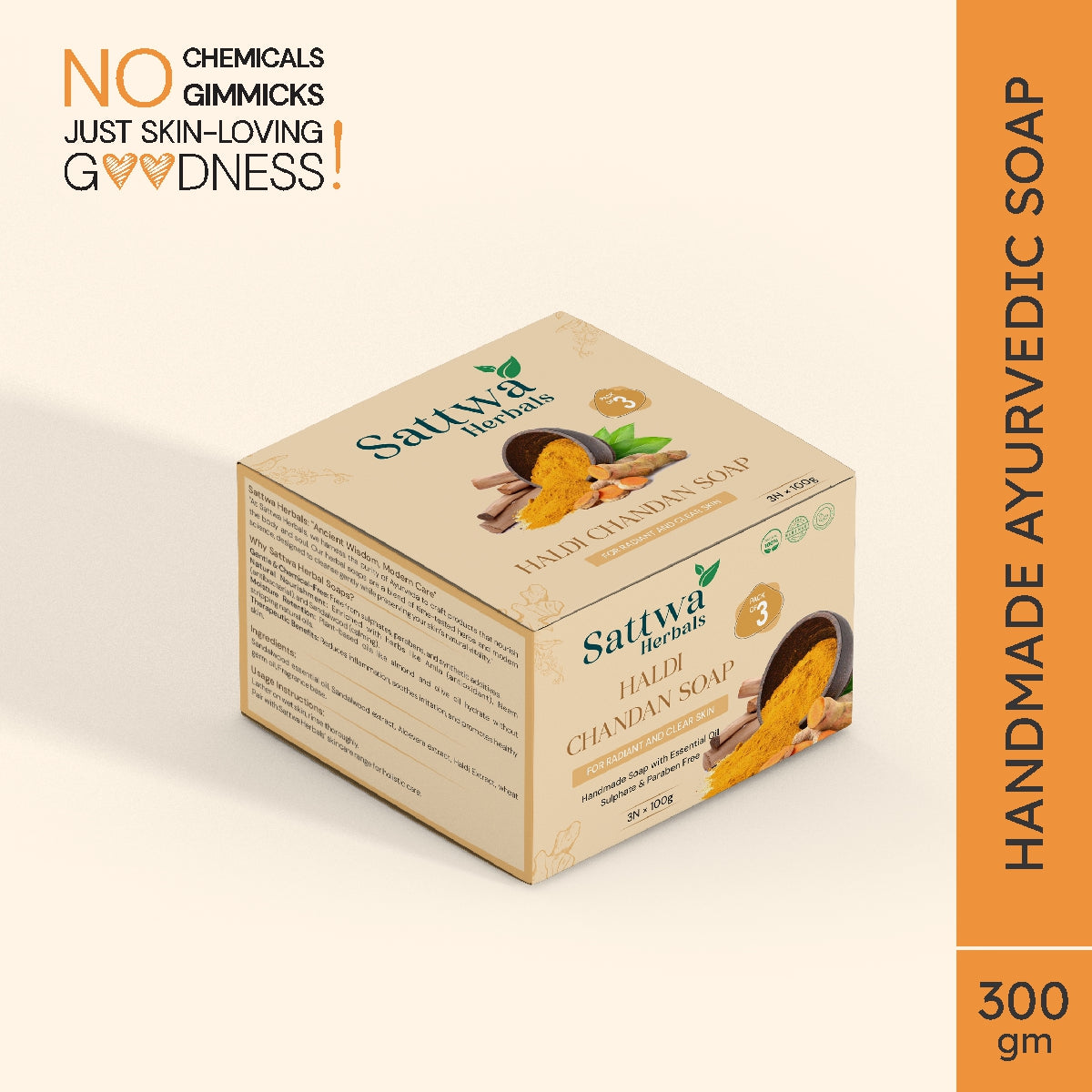 Sattwa Herbals Haldi Chandan Soap - Anti-Aging & Skin Brightening Bar - Natural Turmeric Sandalwood