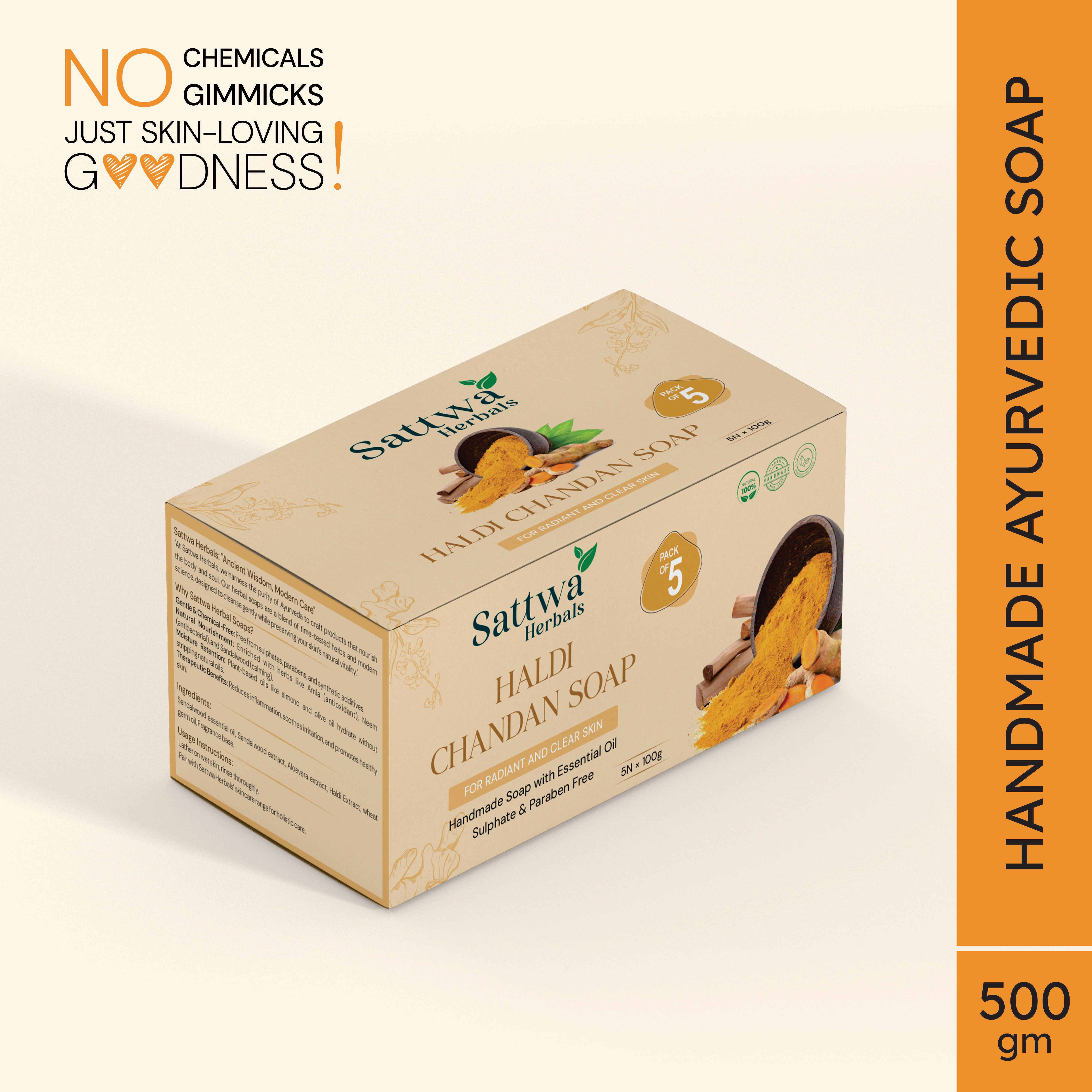 Sattwa Herbals Haldi Chandan Soap - Anti-Aging & Skin Brightening Bar - Natural Turmeric Sandalwood