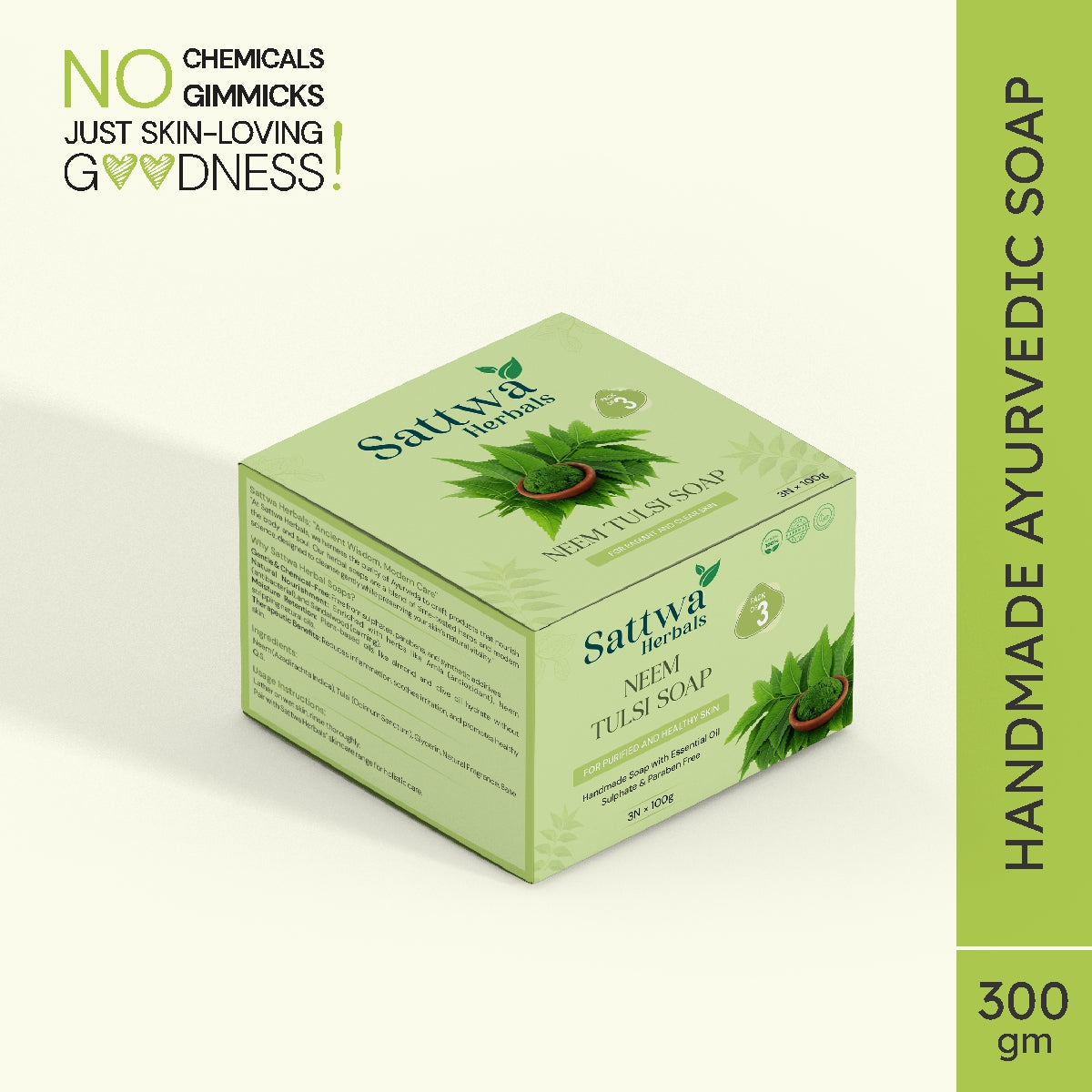 Sattwa Herbals Neem Tulsi Antibacterial Bath Soap - Natural Acne Care & Skin Purifying Bar