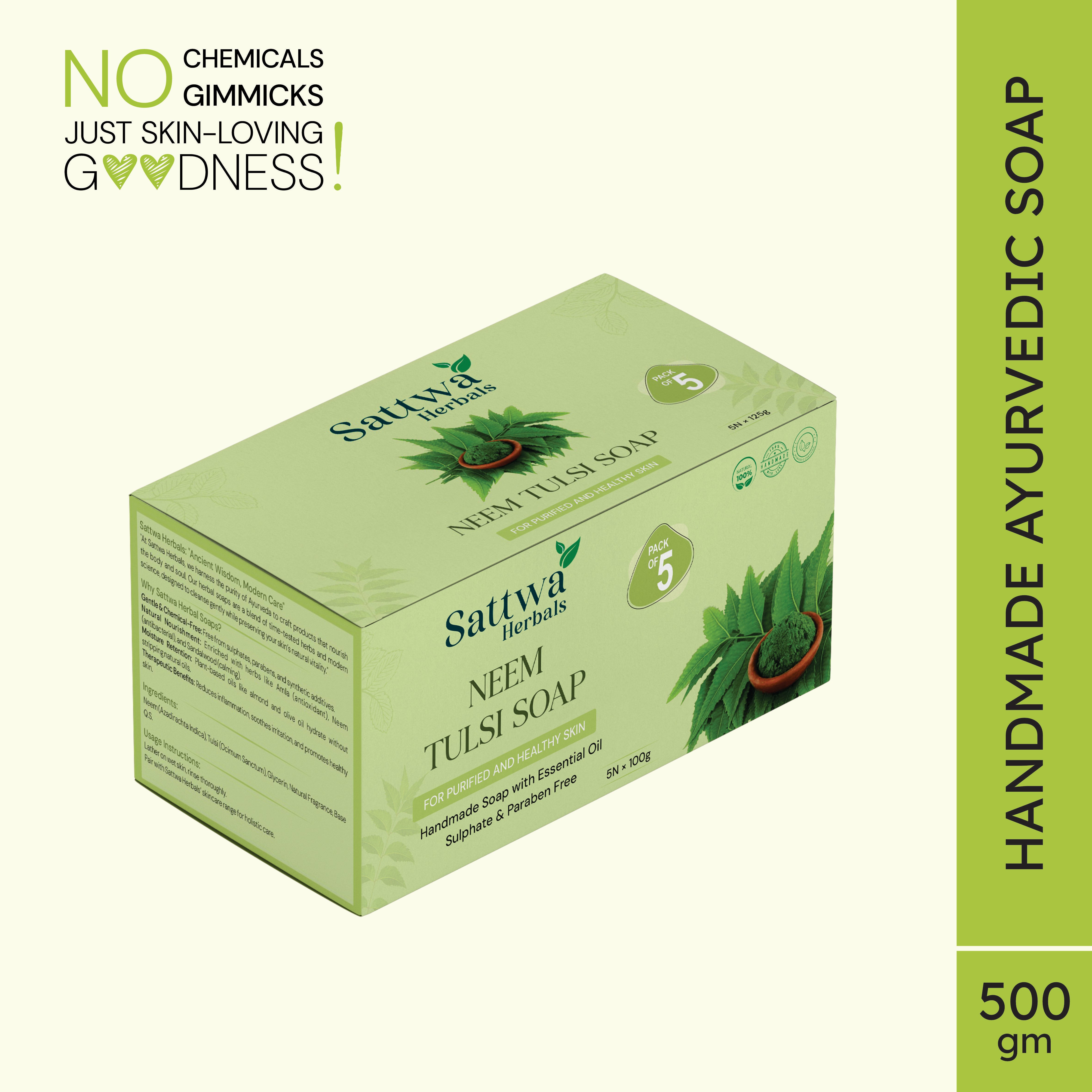 Sattwa Herbals Neem Tulsi Antibacterial Bath Soap - Natural Acne Care & Skin Purifying Bar