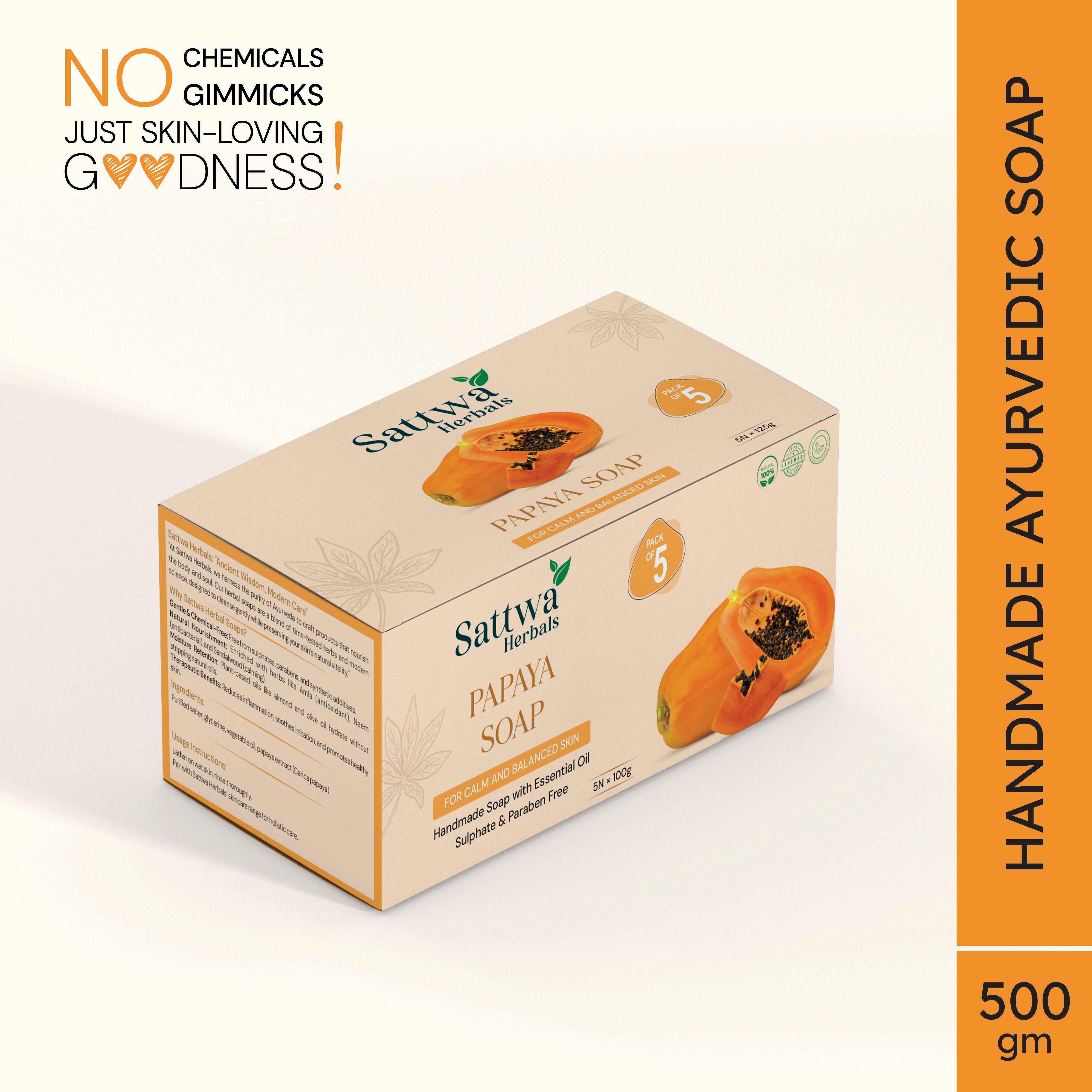 Sattwa Herbals Papaya Brightening Soap - Natural Exfoliating & Dark Spot Reduction Bar - Enzyme Rich