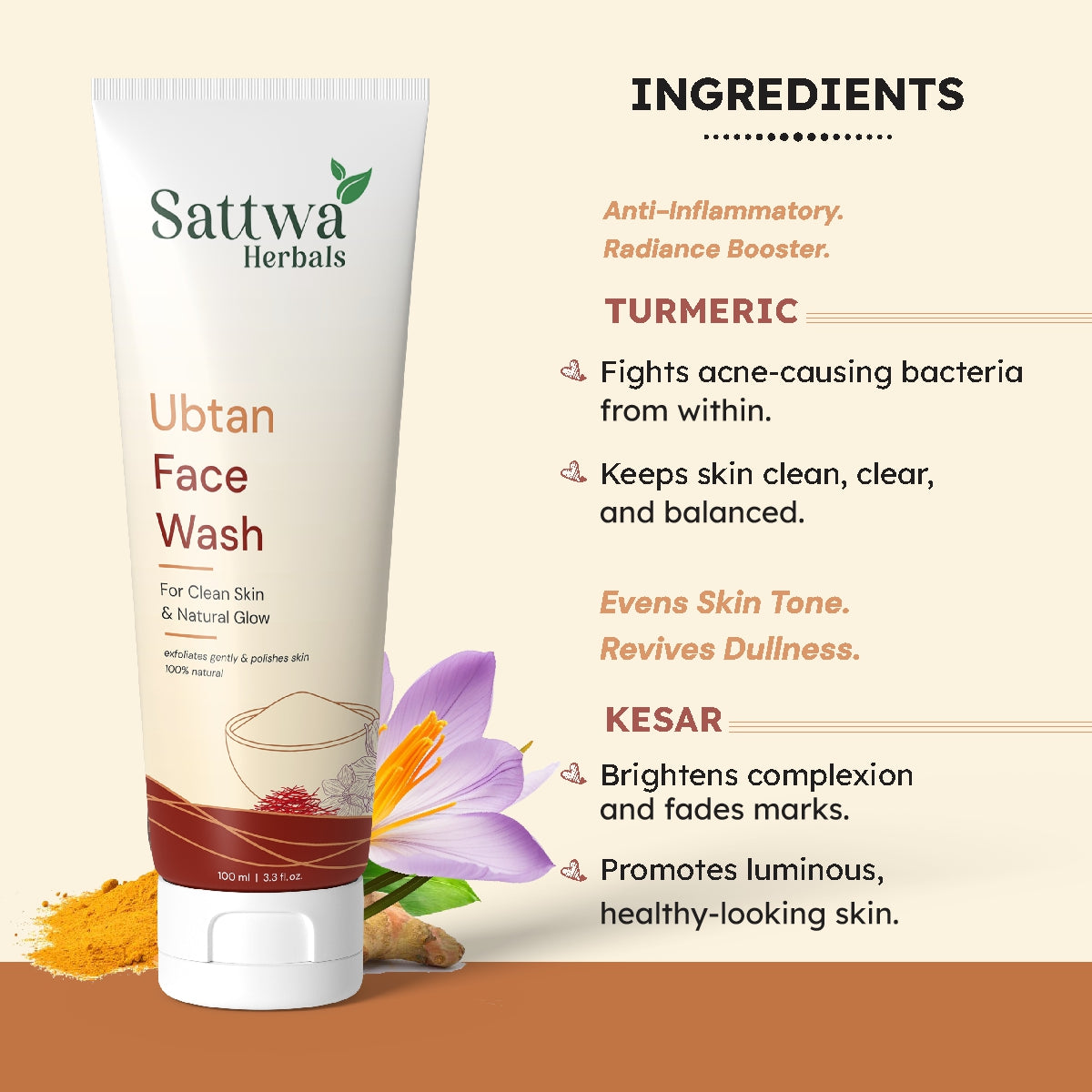 Sattwa Herbals Ubtan Face Wash - Tan Removal & Skin Brightening with Turmeric