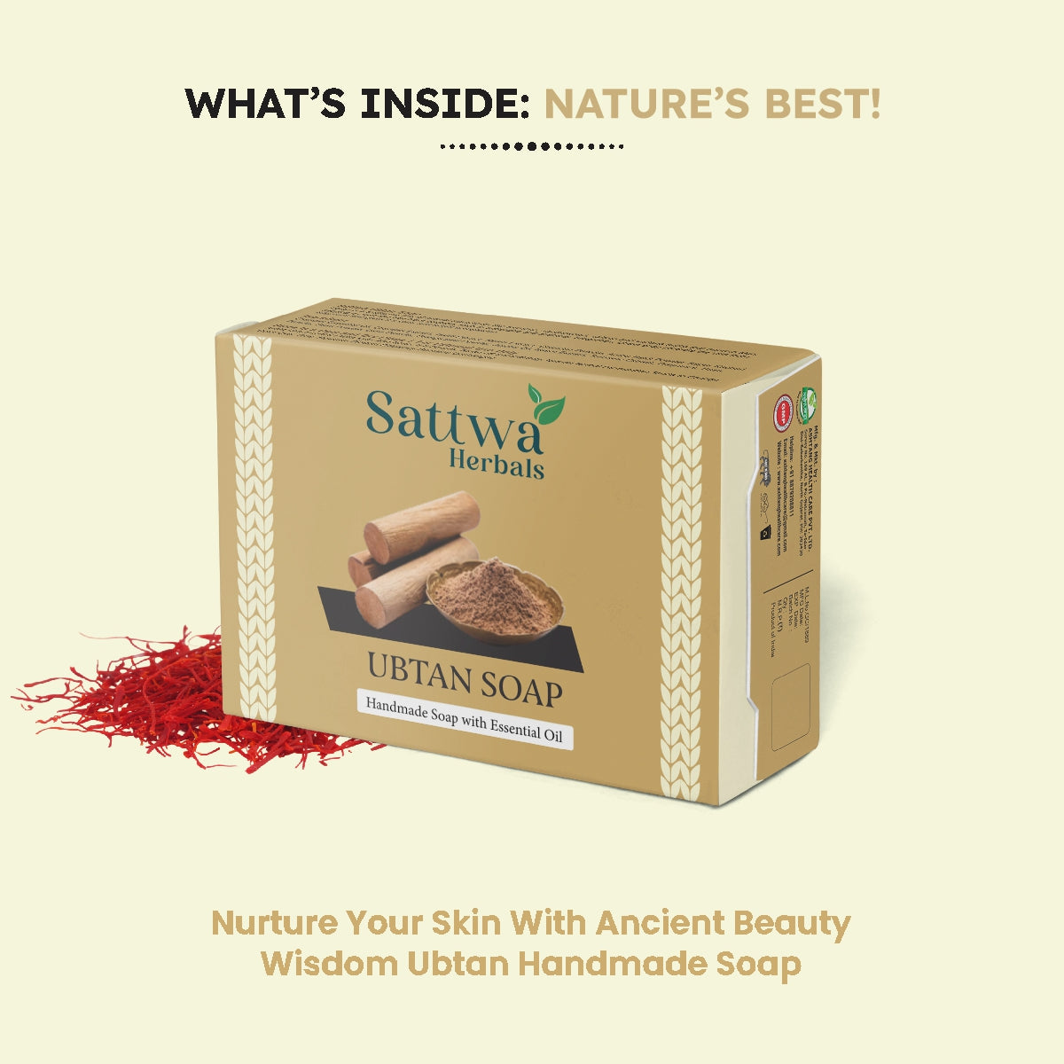 Sattwa Herbals Traditional Ubtan Soap - Natural Skin Brightening & Tan Removal Bar - Turmeric & Saffron