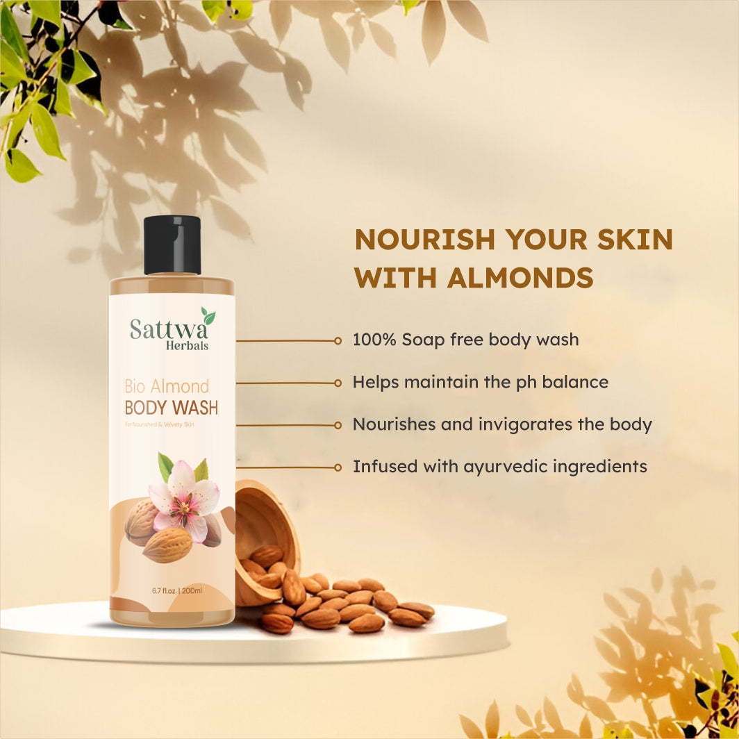 Sattwa Herbals Bio Almond Body Wash - Natural Moisturizing Cleanser for Soft Smooth Skin
