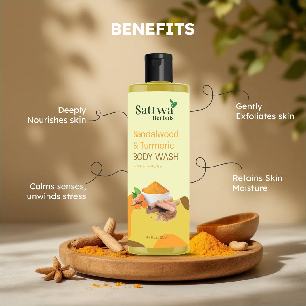 Sattwa Herbals Sandalwood Turmeric Body Wash - Natural Ayurvedic Cleanser for Soft Skin