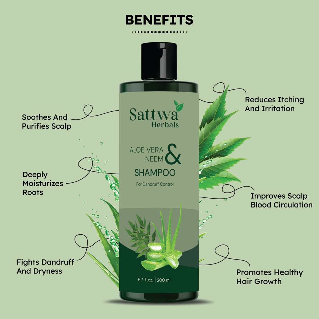 Sattwa Herbals Aloe Vera Neem Shampoo - Anti-Dandruff & Hair Strengthening Formula