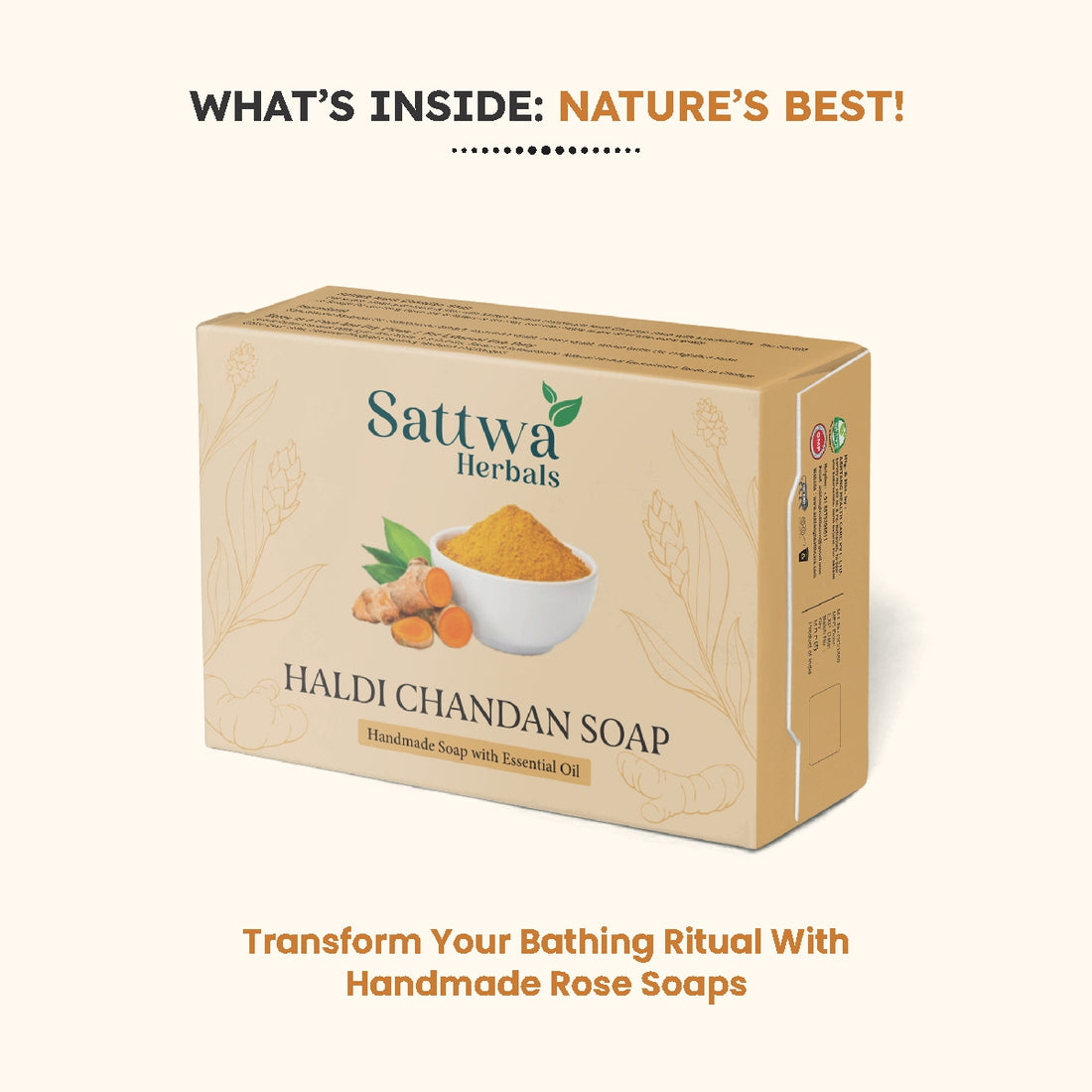 Sattwa Herbals Haldi Chandan Soap - Anti-Aging & Skin Brightening Bar - Natural Turmeric Sandalwood