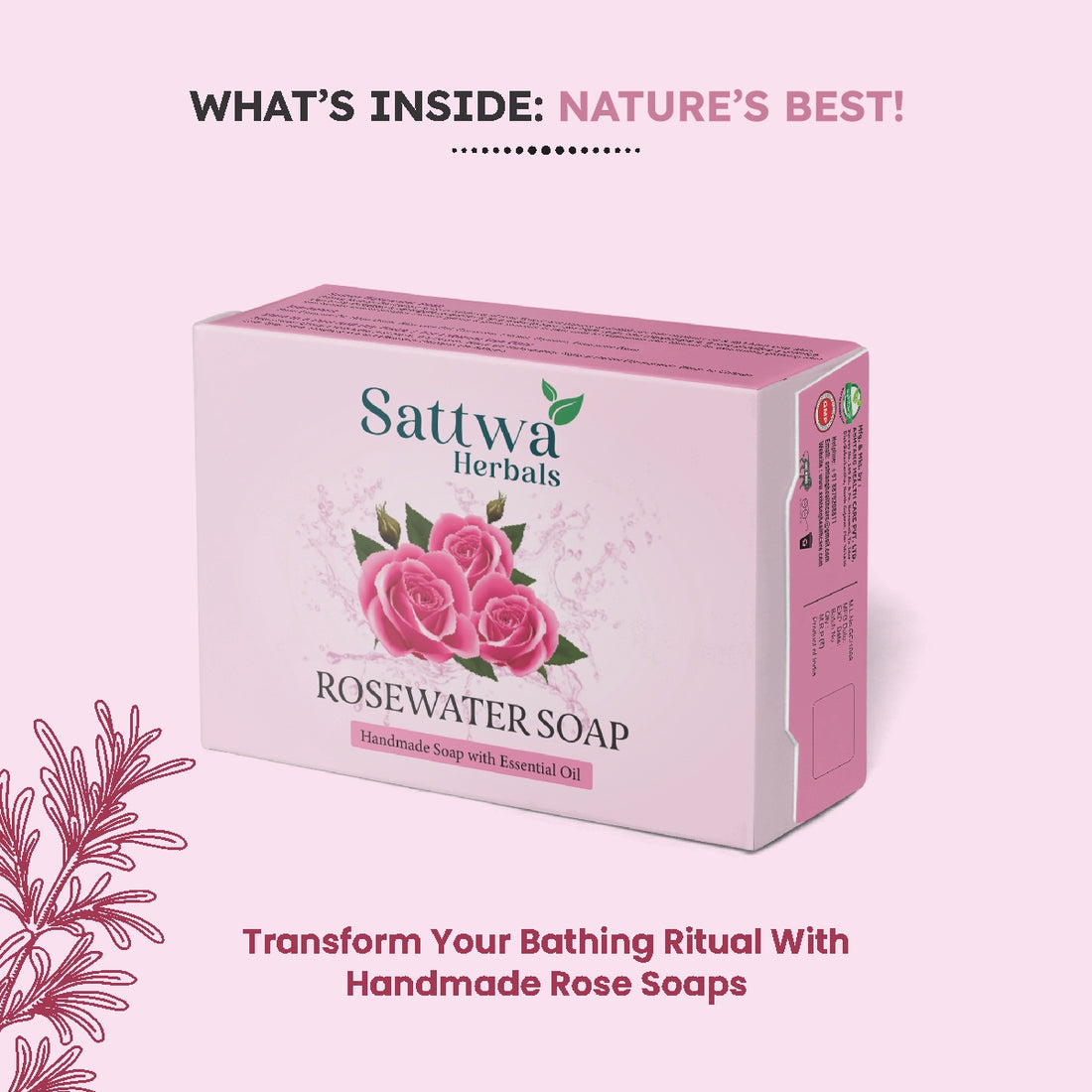 Sattwa Herbals Rose Water Soap Bar - Natural Moisturizing Bath Soap