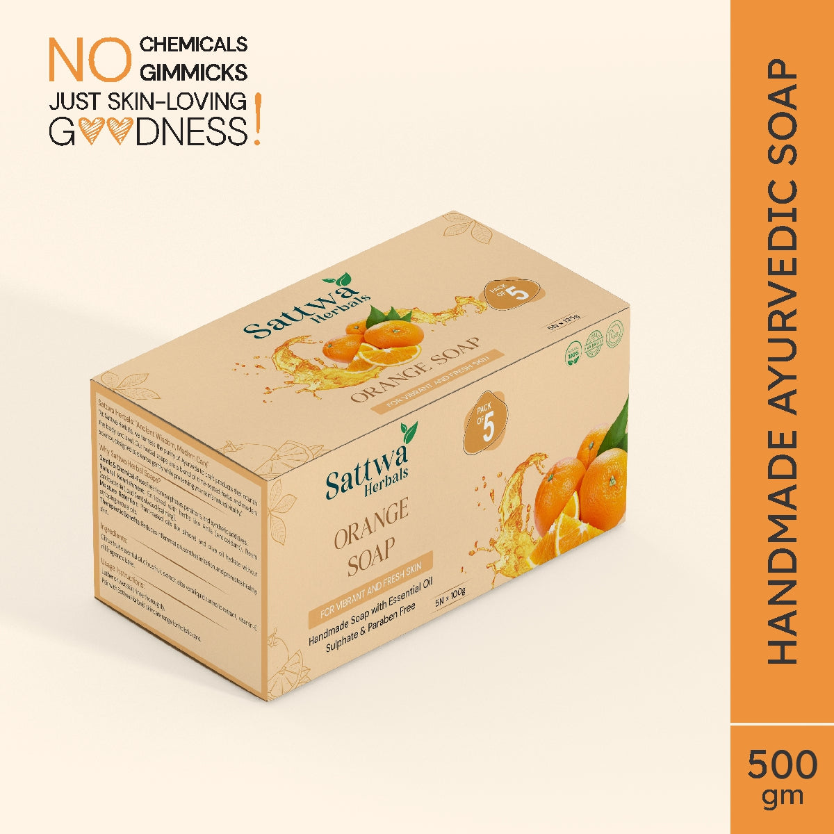 Sattwa Herbals Orange Soap - Vitamin C Antioxidant & Skin Brightening Bar - Essential Oil Enriched