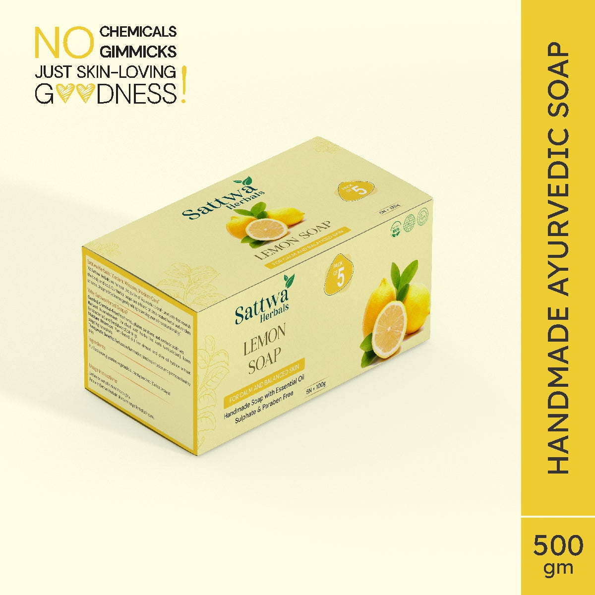 Sattwa Herbals Vitamin C Lemon Soap - Natural Skin Brightening & Oil Control Bar - Dark Spot Remover