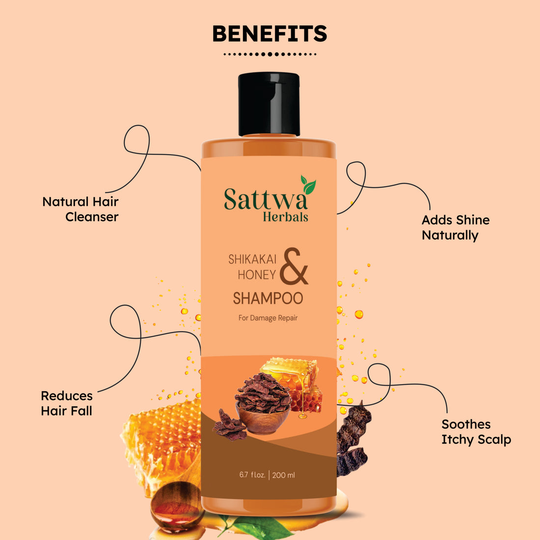 Sattwa Herbals Shikakai & Honey Shampoo - Natural Ayurvedic Hair Care for Strong Healthy Hair