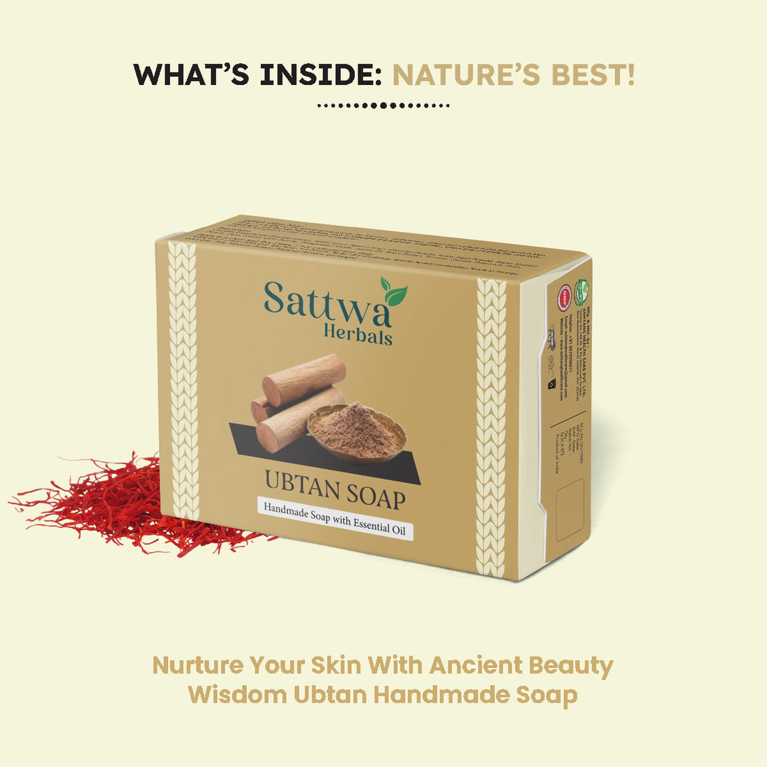 Sattwa Herbals Traditional Ubtan Soap - Natural Skin Brightening & Tan Removal Bar - Turmeric & Saffron